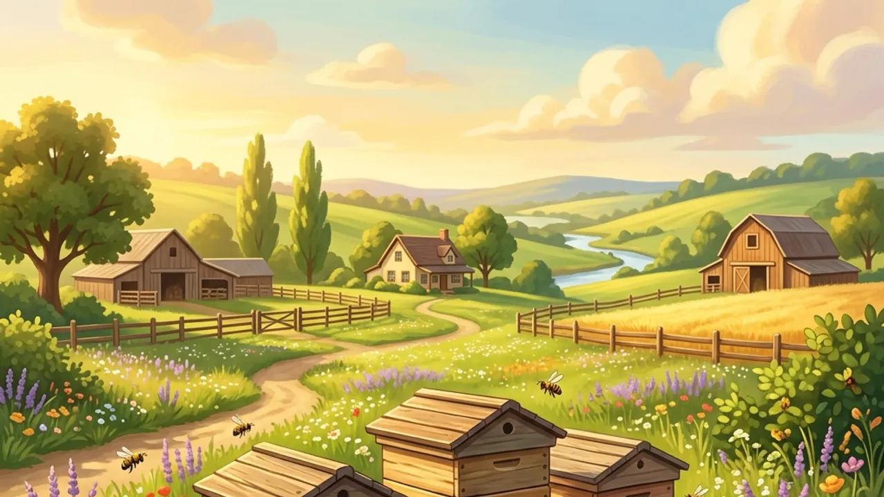 Original illustration of beehives among wildflowers on a sunny ranch.