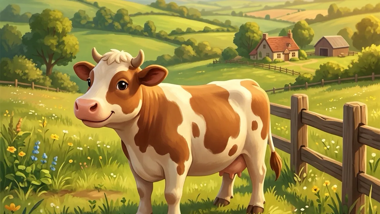 Original illustration of a friendly dairy cow in a sunny green pasture.