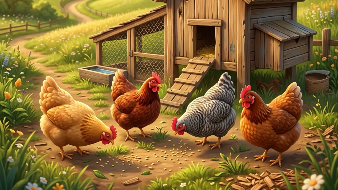 Original illustration of cheerful chickens pecking around a sunlit coop.