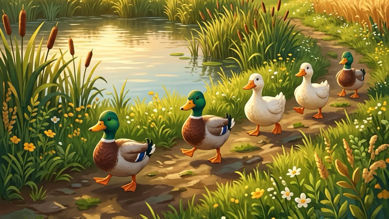 Original illustration of ducks by a small ranch pond in warm afternoon light.