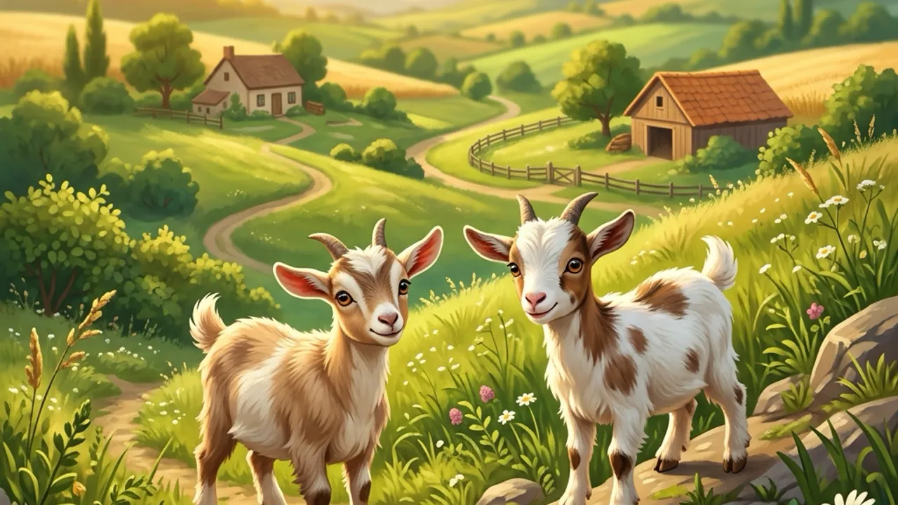 Original illustration of curious goats on a rocky green slope in warm light.