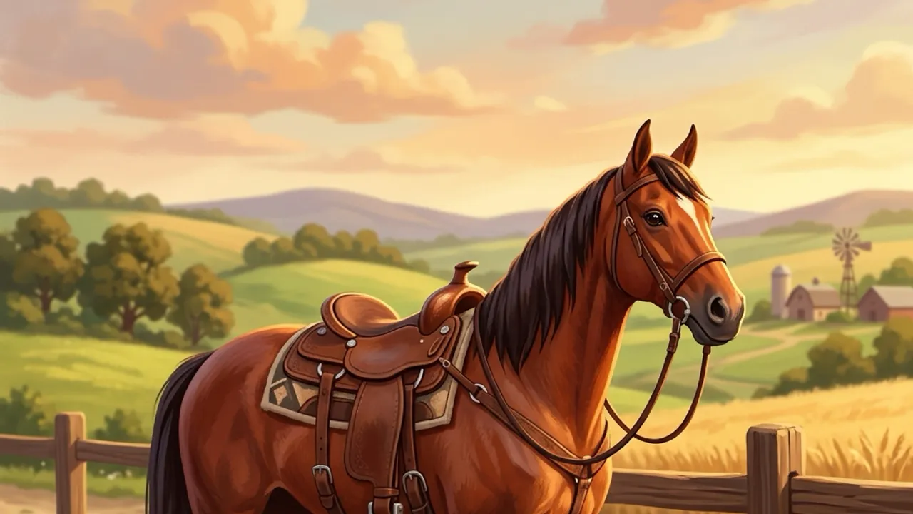 Original illustration of a horse saddled and ready by a ranch fence at golden hour.