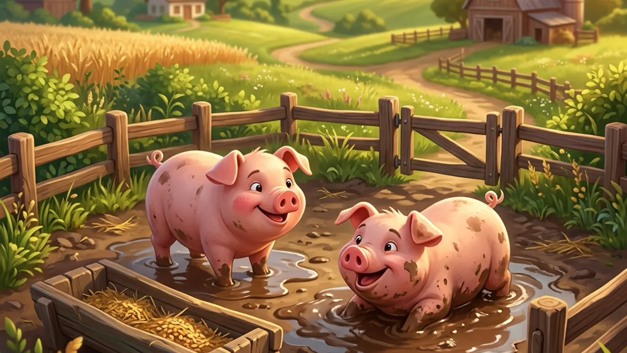 Original illustration of happy pigs in a muddy pen on a sunny ranch.