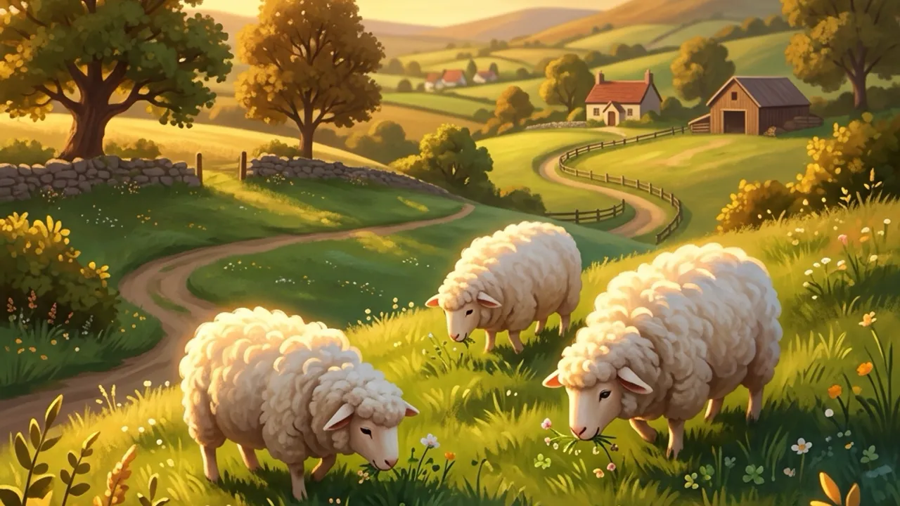 Original illustration of fluffy sheep grazing on a green hillside at golden hour.