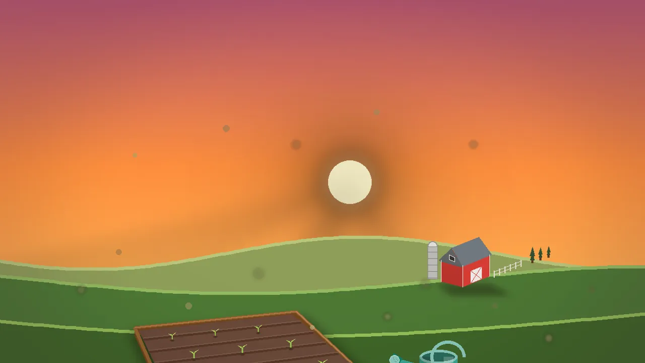 Original illustration of a sunlit starter ranch with a small field, a watering can and a barn at golden hour.