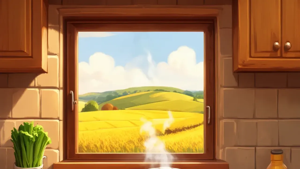 Original illustration of a warm farmhouse kitchen with fresh produce, a pot and a window onto golden fields.