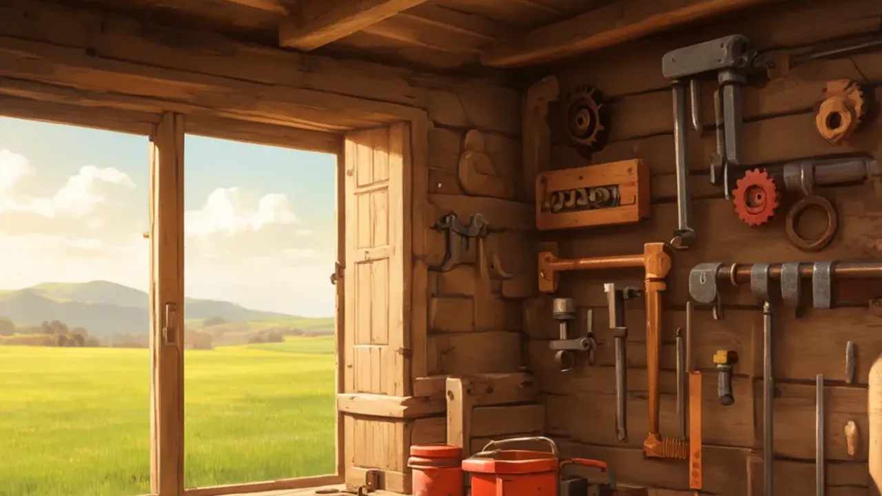 Original illustration of a rustic workshop with tools, gears and a half-built machine at golden hour.