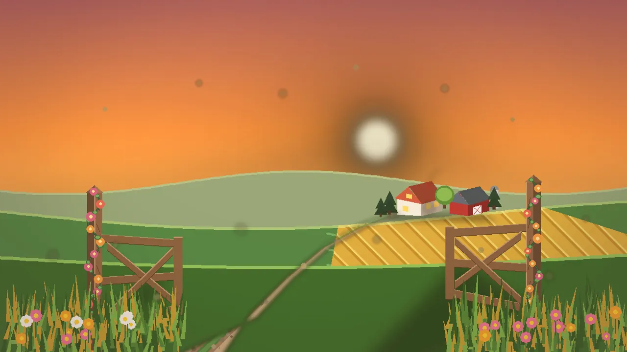 Original illustration of a welcoming open ranch gate at golden hour, inviting players in.