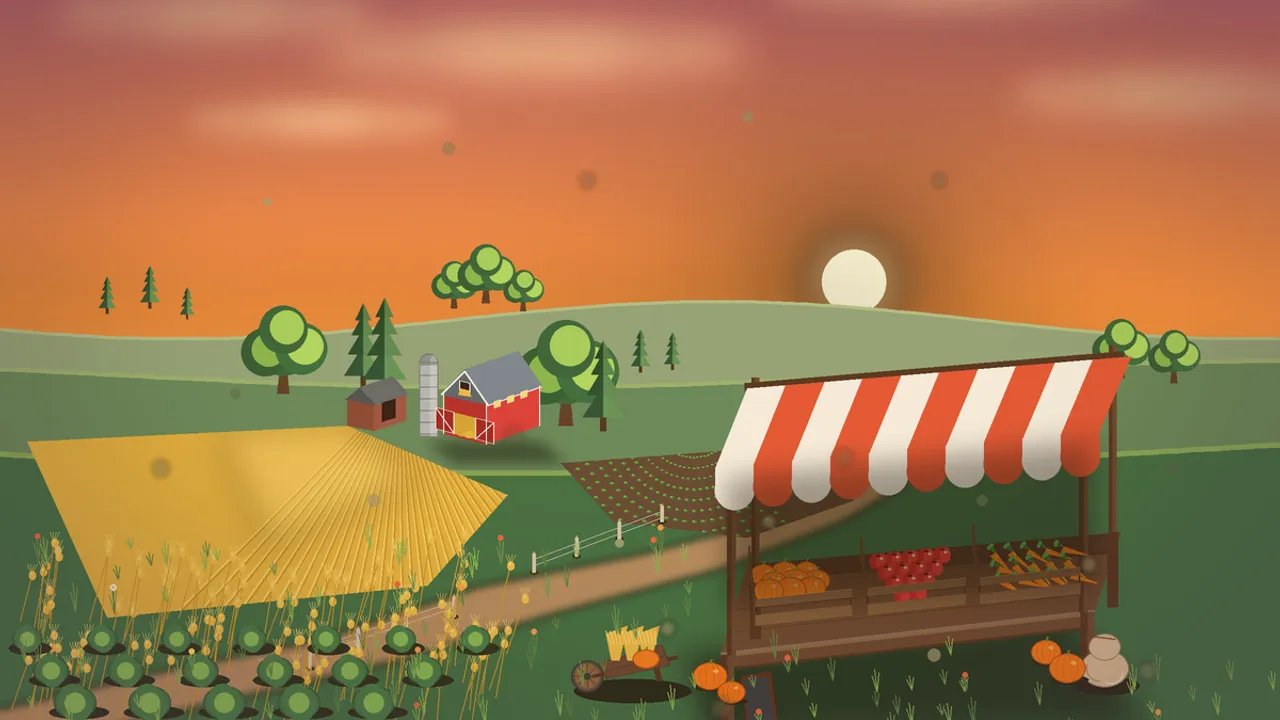 Original illustration of a prosperous golden-hour ranch with full barns, fields and a market stall.