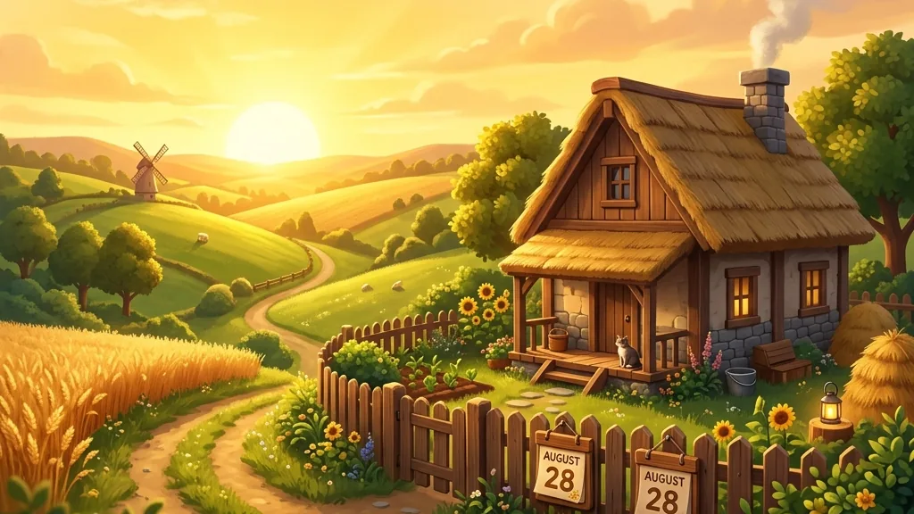 A cozy farm cottage silhouetted against a warm golden sunset, with a wooden calendar showing a marked late-summer date.