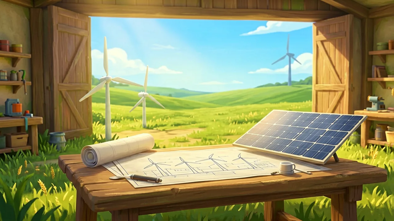 A cozy workshop filled with solar panels, wind turbine blueprints, and custom tools in a modern ranch setting.