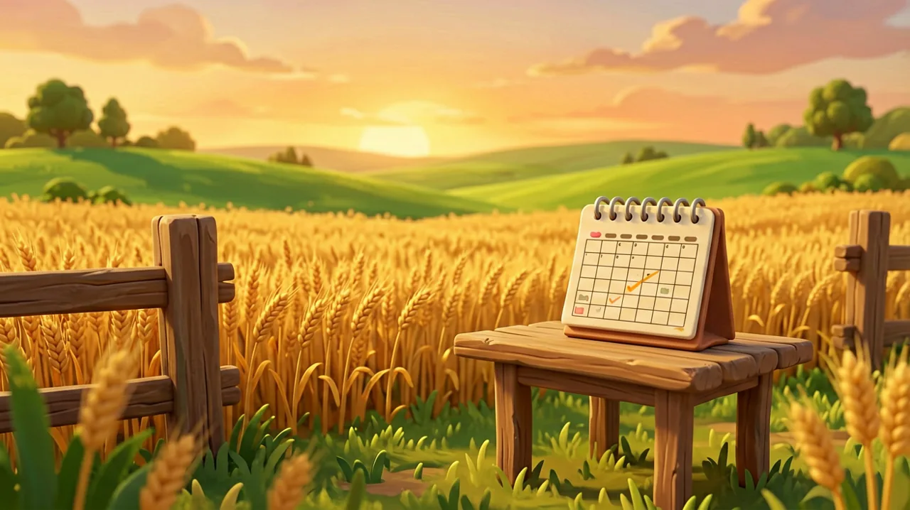 A scenic countryside sunset over a golden wheat field, featuring a rustic wooden calendar with a countdown marker.