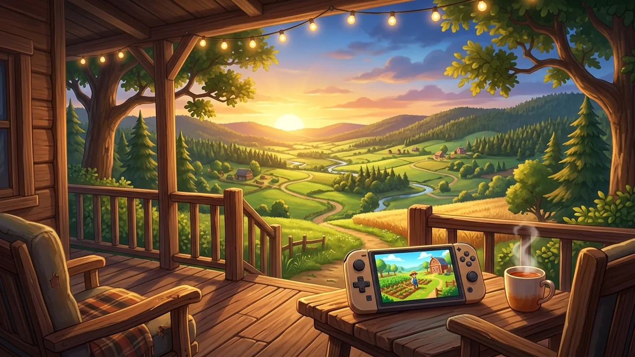 A cozy farm porch at sunset with a portable gaming device sitting on a wooden table, overlooking peaceful green hills.