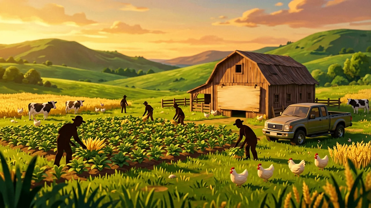 A lively rural landscape at sunset preparing for a harvest festival with farmers working together
