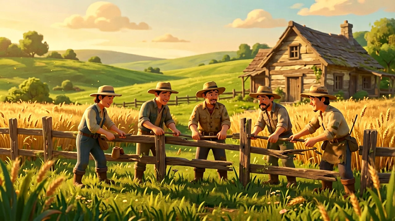 Multiple original farmers collaborating on a sunlit ranch, trying to fix a broken fence near a rustic farmhouse.