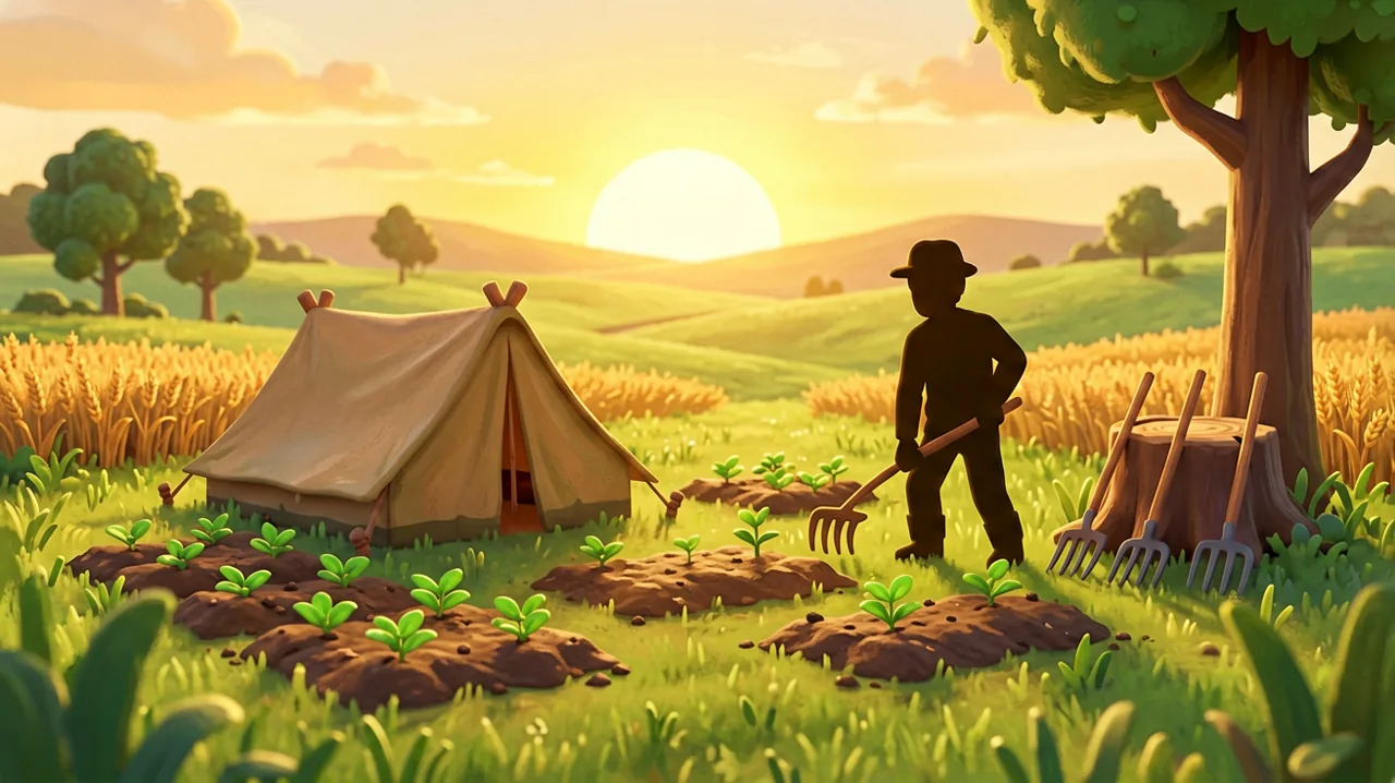 A newly pitched tent next to small freshly tilled farm plots in a sunny rural landscape