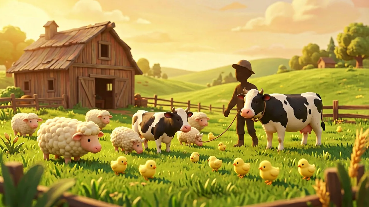 A sunny farm scene with cows, sheep, and chicks gathered outside a wooden barn.