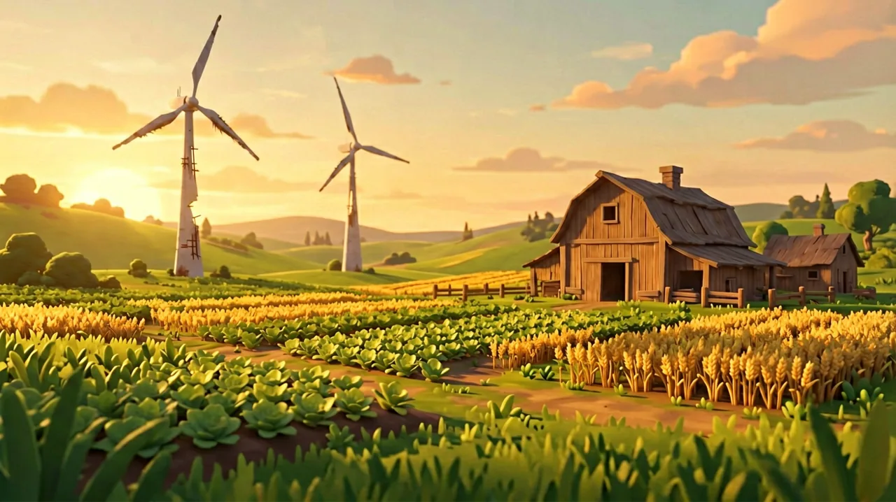 A scenic rustic farm at dusk, featuring half-built wind turbines, a wooden barn, and rows of crops illuminated by the warm evening sun.
