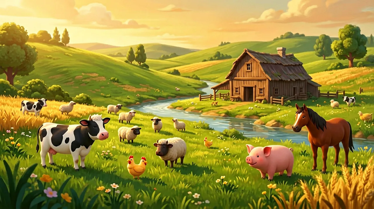 A sunny ranch in the countryside with cute farm animals grazing near a wooden barn built over a winding river.