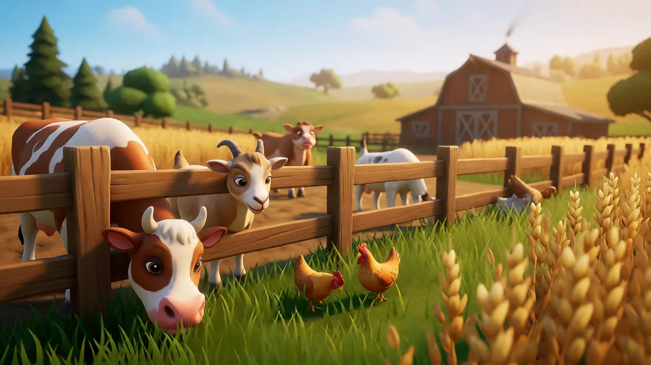 A vibrant farm pasture in the late afternoon, showing healthy cows, goats, and chickens grazing near a wooden fence and rustic barn.