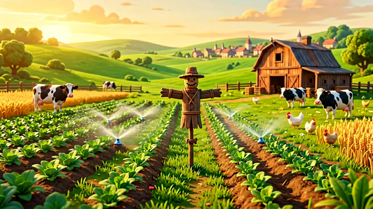 A golden hour view of a thriving farm with crops, scarecrows, and healthy animals in the background.