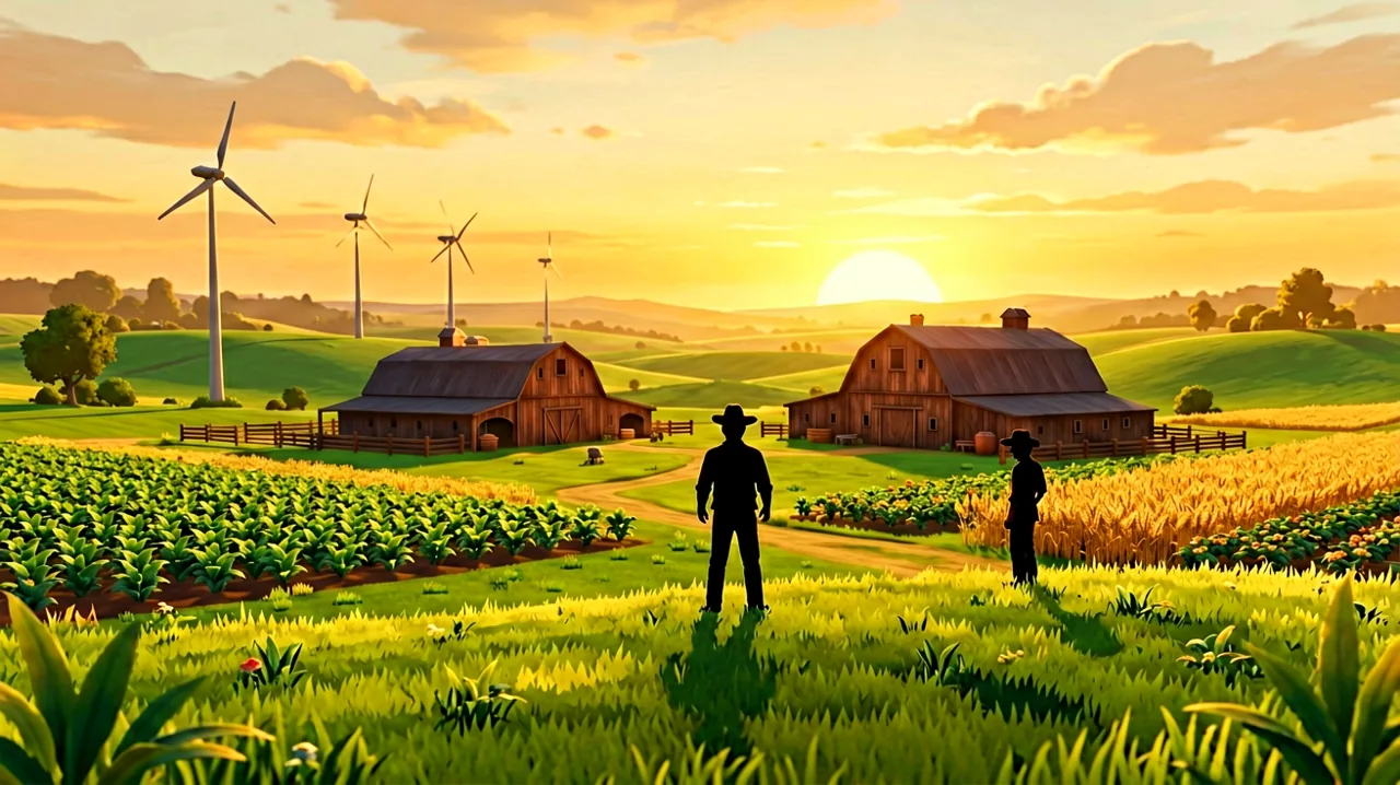 A sweeping wide-angle view of a vast ranch with a large wooden barn, wind turbines, and crop fields bathed in golden hour sunlight.