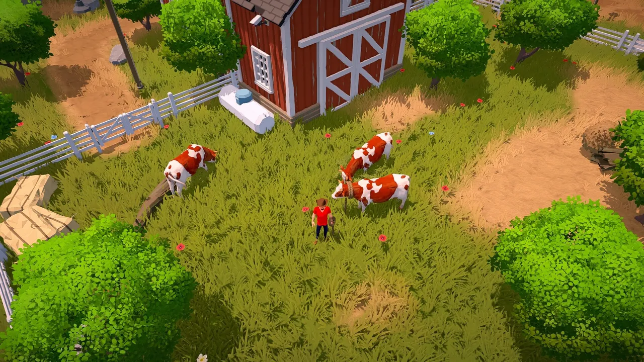 A red barn with animals and farmhands on a green pasture in The Ranchers.