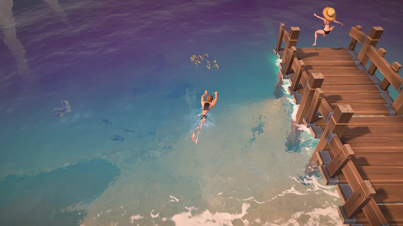 A wooden pier stretching over calm water at sunset in The Ranchers.