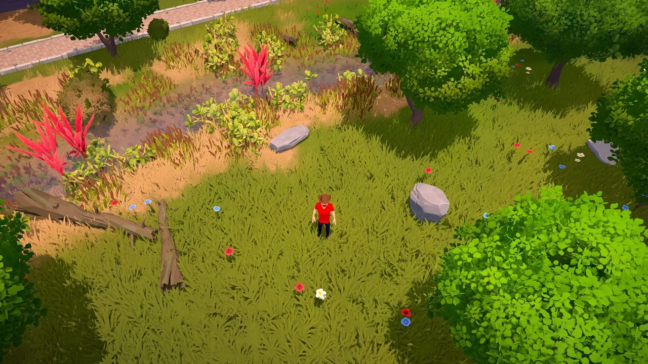 A character in a green field with wild flowers in The Ranchers.