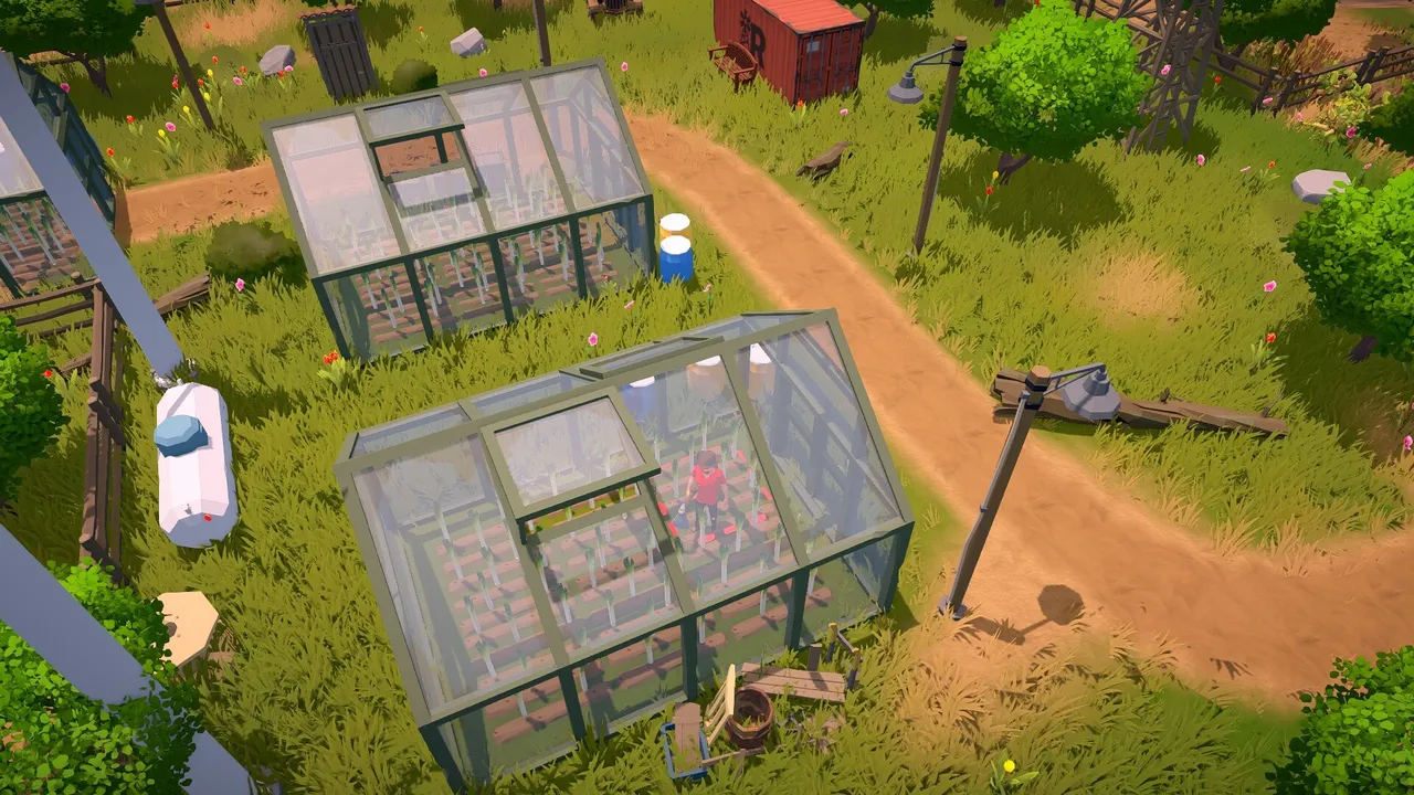 Garden plots and greenhouses on a player ranch in The Ranchers, seen from above.