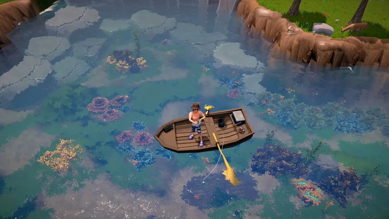 A small island surrounded by water in the open world of The Ranchers.