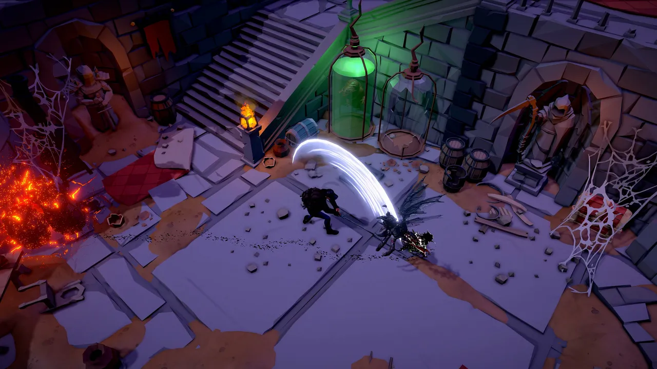 A dark cave interior lit by red glow, with a figure exploring, in The Ranchers.