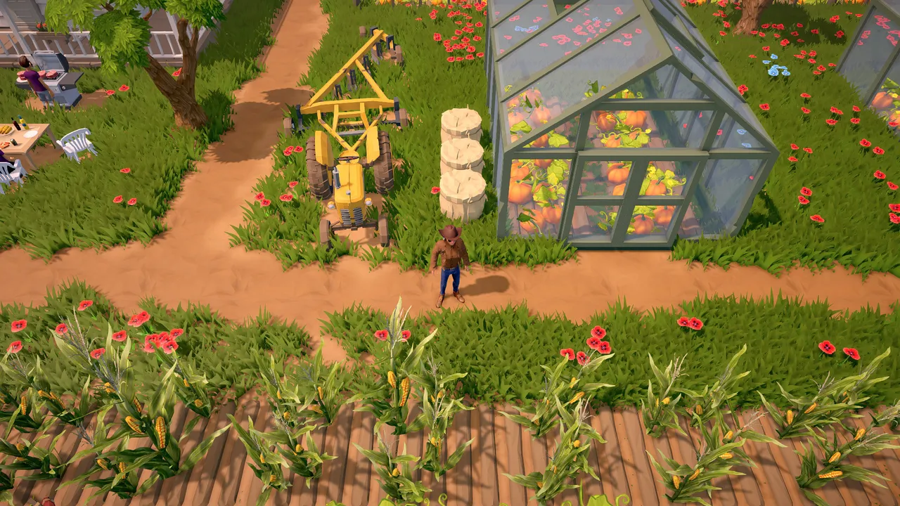 A top-down view of a player ranch with a barn, fenced plots and dirt paths in The Ranchers.
