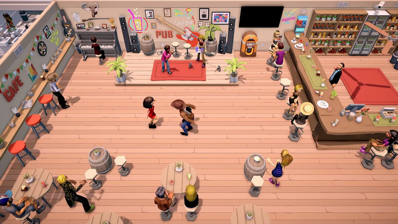 A busy town square with many characters gathered in The Ranchers.