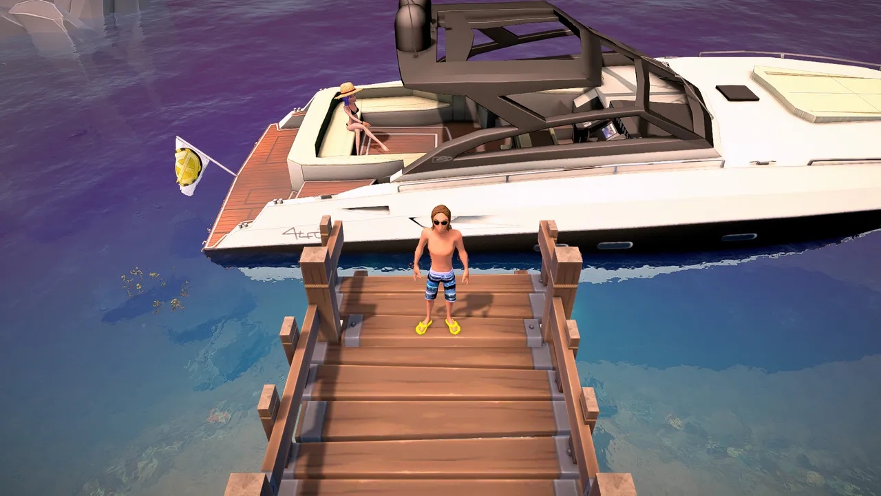 A player standing by a yacht on the water in The Ranchers.