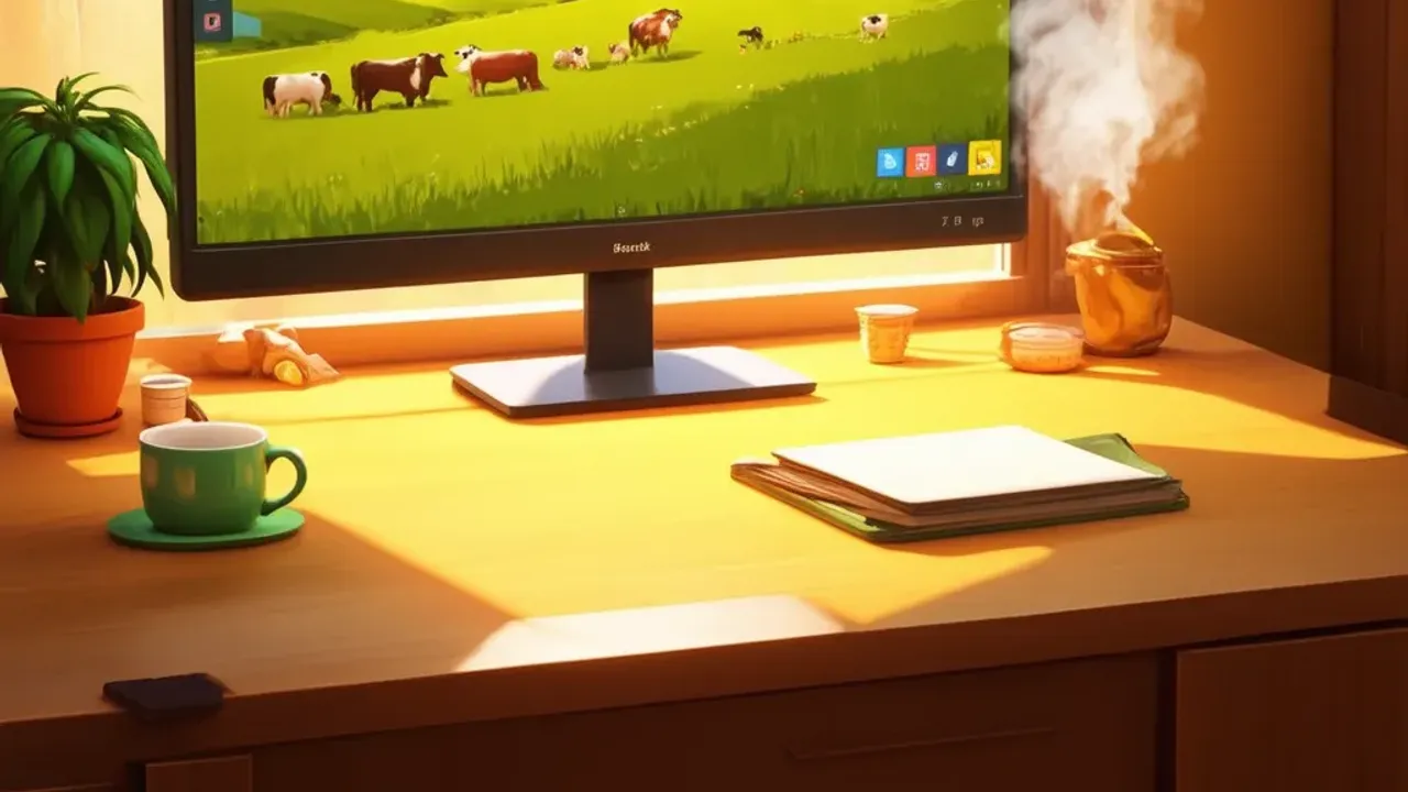 Original illustration of a cosy desk at golden hour with a glowing monitor showing a ranch and a mug beside it.