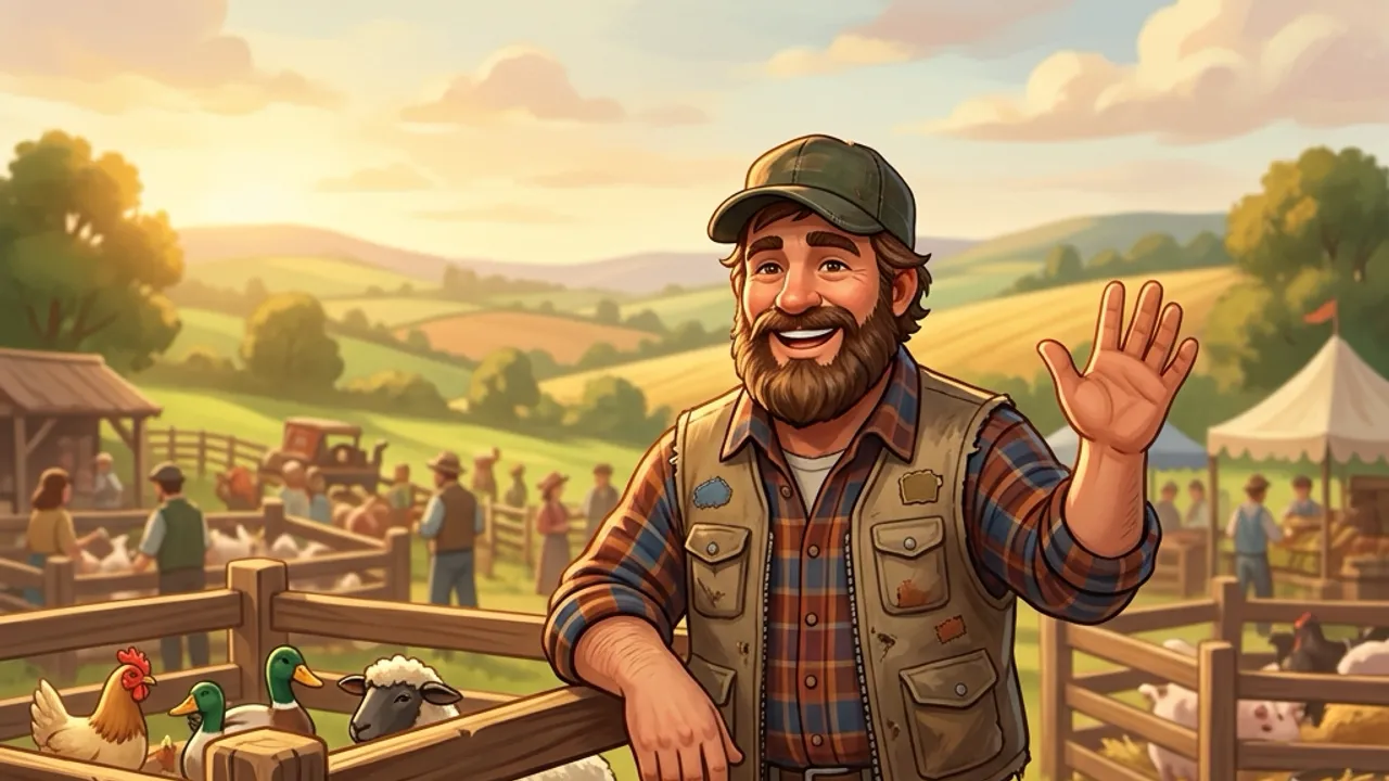 Original illustration of a cheerful livestock dealer beside a pen of animals at a country market.