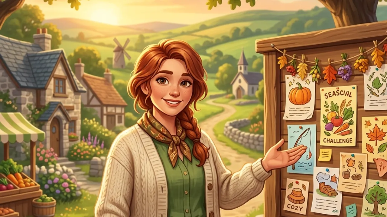 Original illustration of a welcoming guild organiser with a noticeboard of seasonal challenges.
