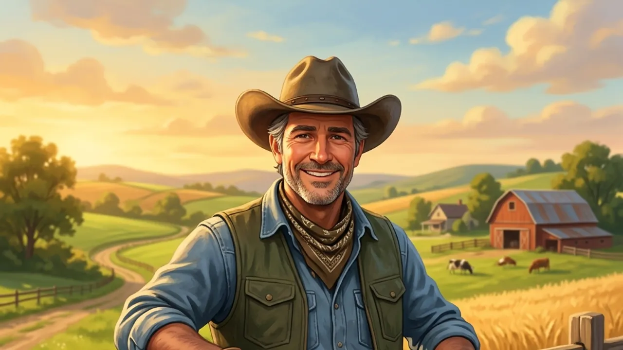 Original illustration of a friendly fellow rancher leaning on a fence at golden hour.