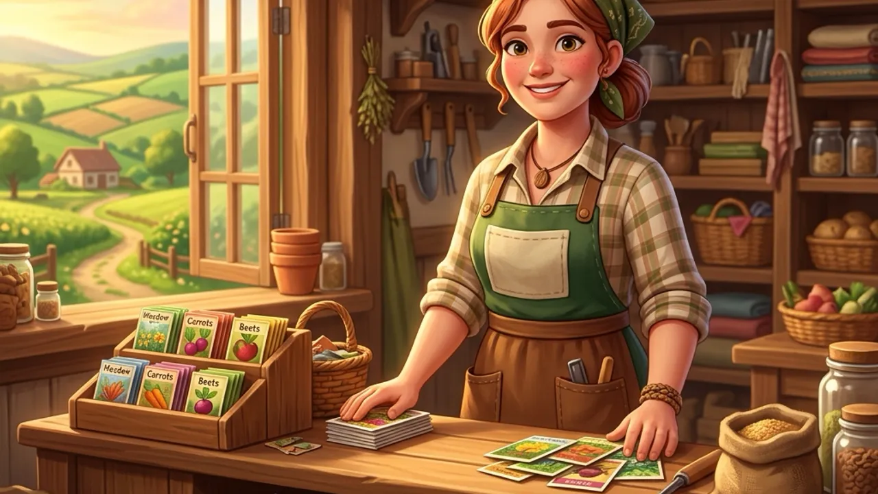Original illustration of a friendly general-store keeper behind a rustic wooden counter.